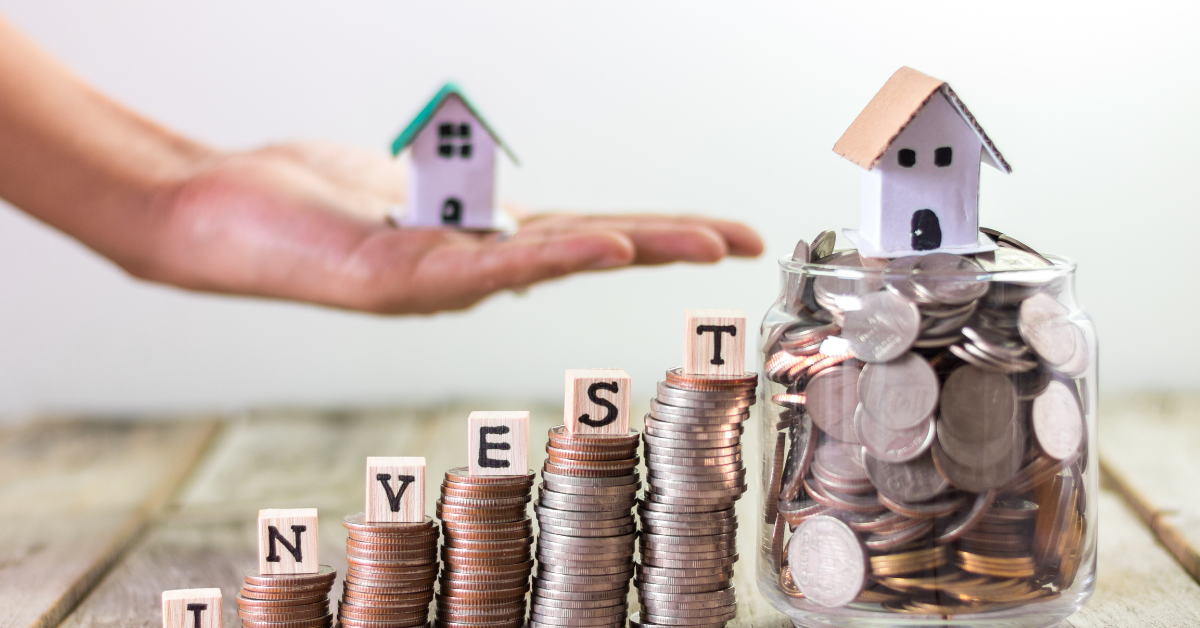 What is NDIS housing? - A person holding a dummy home and tower of coins towards a jar full of coins and a dummy house over it indicating opportunities for building wealth