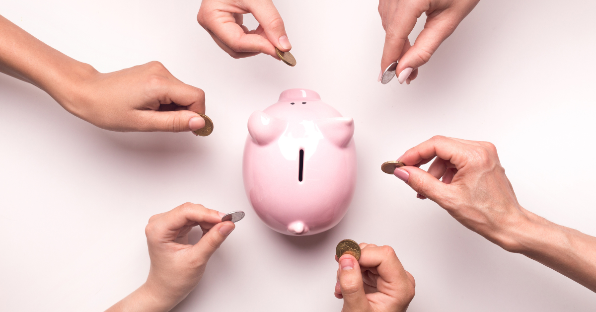 wealth building - image of group of six persons putting coin on a piggy bank